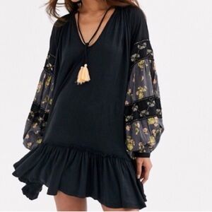 Free People Mix It Up Black Balloon Sleeve Floral Ruffled Tunic Top Dress XS